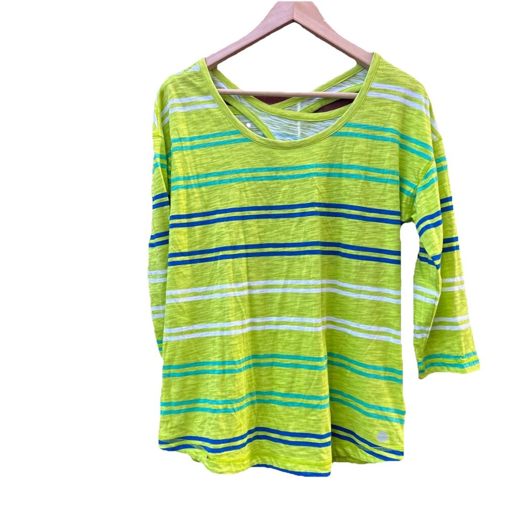 T by Talbots Cross Back Top Women's Medium Petite Green Blue 3/4 Sleeve NWT